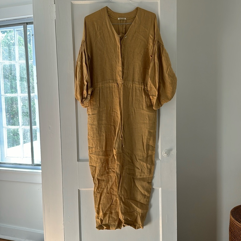 Black Crane yellow linen jumpsuit